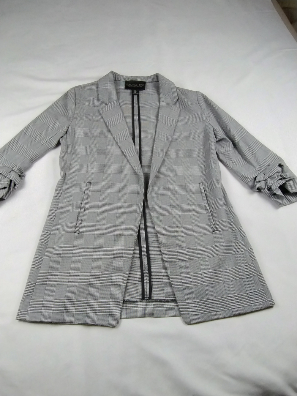 Rachel Zoe Glen Plaid Ruched Sleeve Open-Front Blazer Gray & Black Small